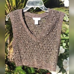 House of Harlow 1960 Brown Crop Beaded Metallic Embellished Sweater Vest